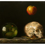 Martwa natura ze szklaną kulą,jabłkiem i czaszką.35,5x30,5